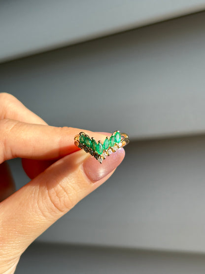 Vintage 18k Emerald Marquise and Diamond Chevron Ring: US Size 6