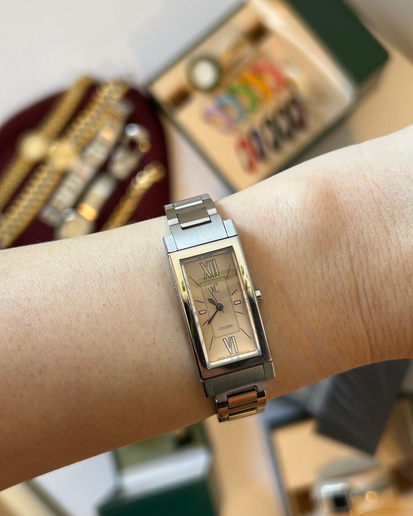 Vintage Y2K Citizen xC Stainless Steel Rectangular Tank Case Watch - Champagne Dial