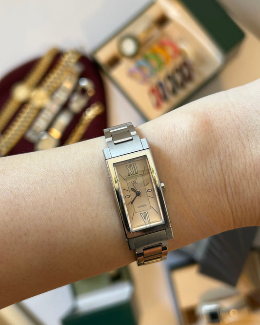 Vintage Y2K Citizen xC Stainless Steel Rectangular Tank Case Watch - Champagne Dial