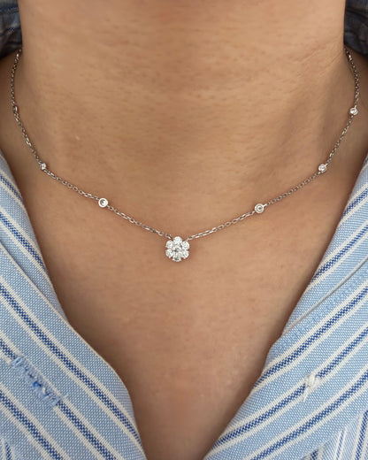 Vintage 18k White Gold Center Flower Diamond Station Chain