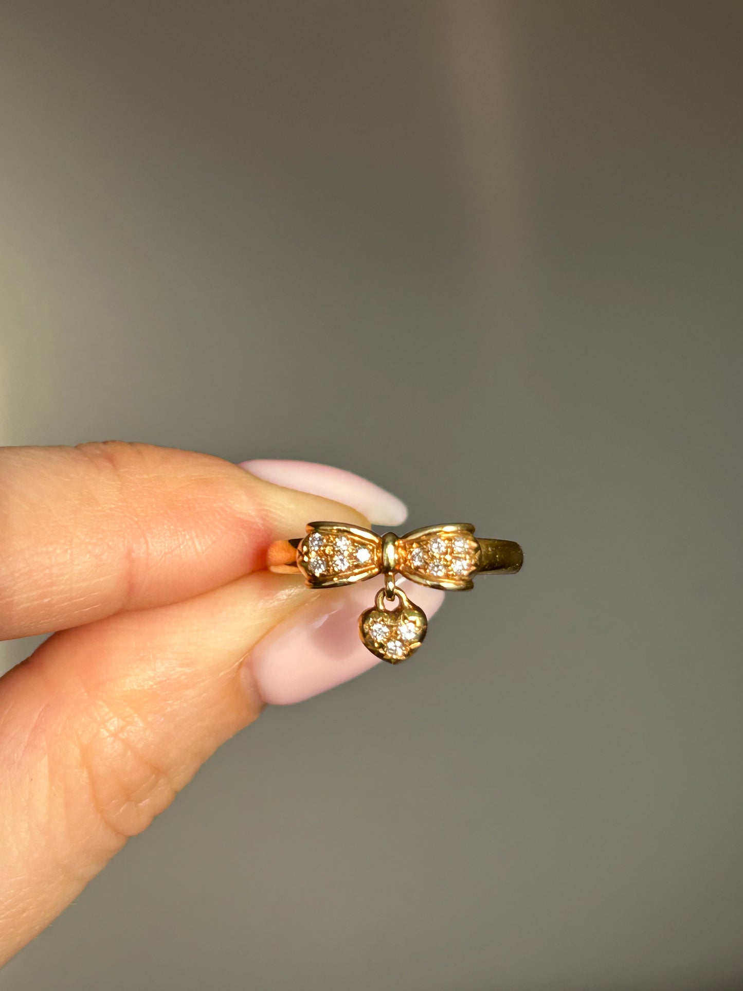 Vintage 18k Gold Diamond Bow Ring with Heart Charm