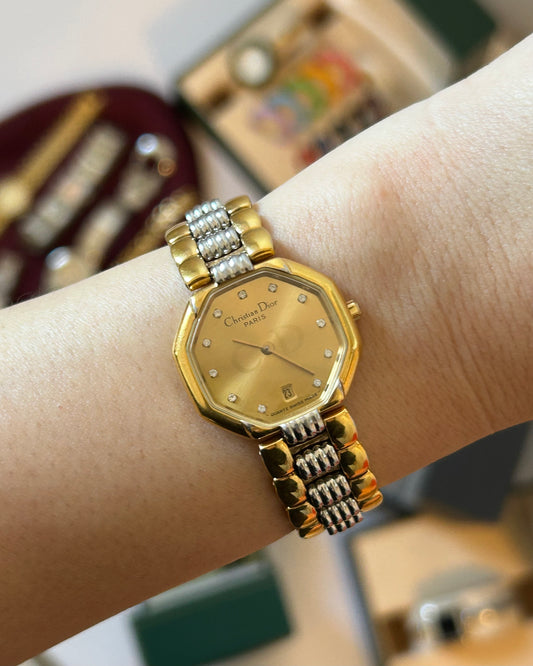 Vintage Mid 80’s Christian Dior Paris Octagon Two-Tone Watch — Diamond Hour Markers
