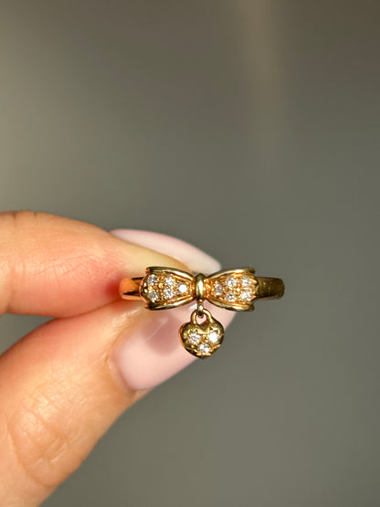 Vintage 18k Gold Diamond Bow Ring with Heart Charm