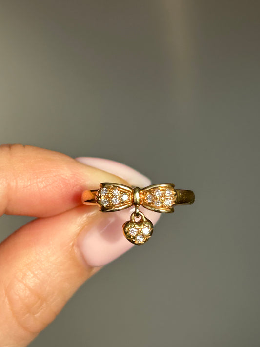 Vintage 18k Gold Diamond Bow Ring with Heart Charm