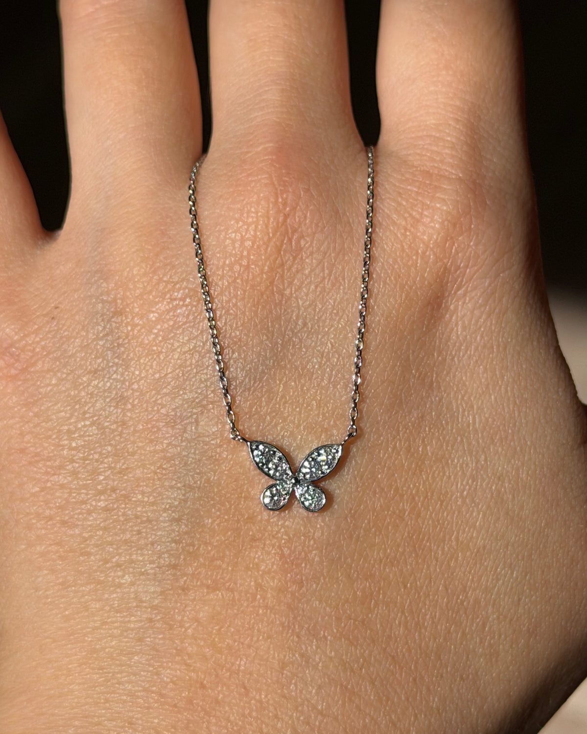 Vintage 18k White Gold Pave Diamond Butterfly Necklace