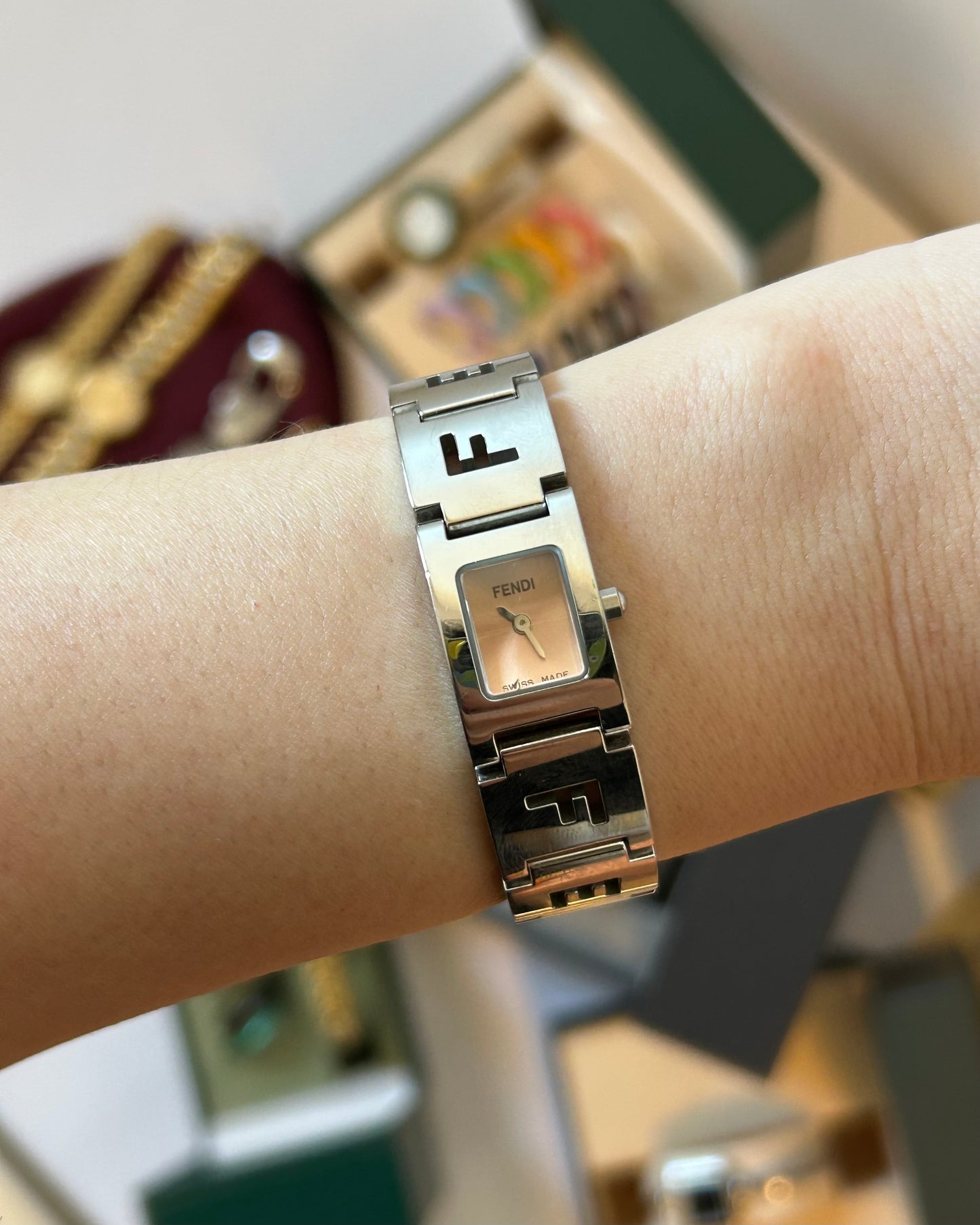 Vintage Y2K Fendi Logo Bracelet Watch — Pink Salmon Micro-Dial