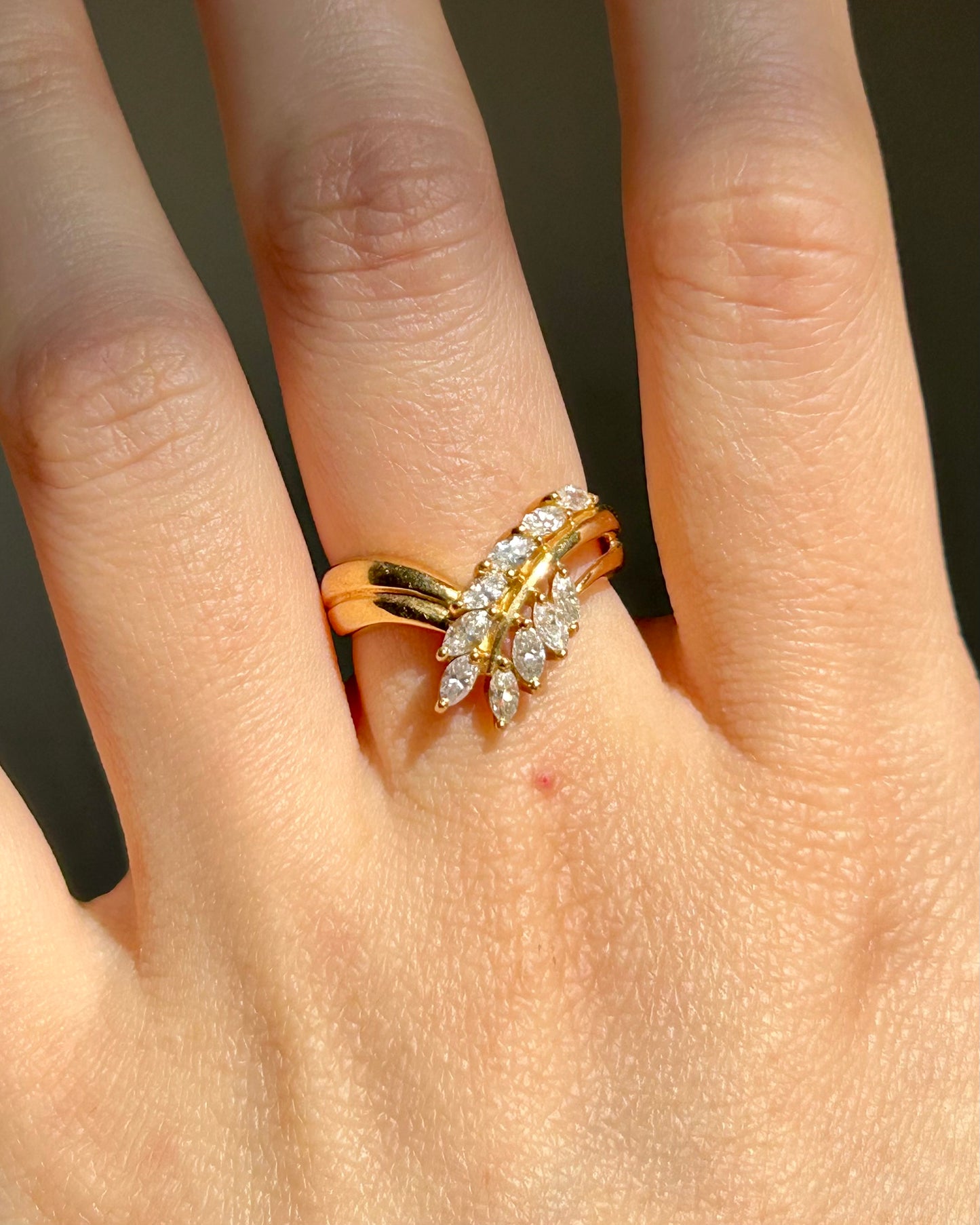 Vintage 18k Gold Marquise Cut Diamond Chevron Ring - Size 5.25 - Leaf Spray Motif
