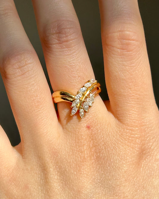 Vintage 18k Gold Marquise Cut Diamond Chevron Ring - Size 5.25 - Leaf Spray Motif
