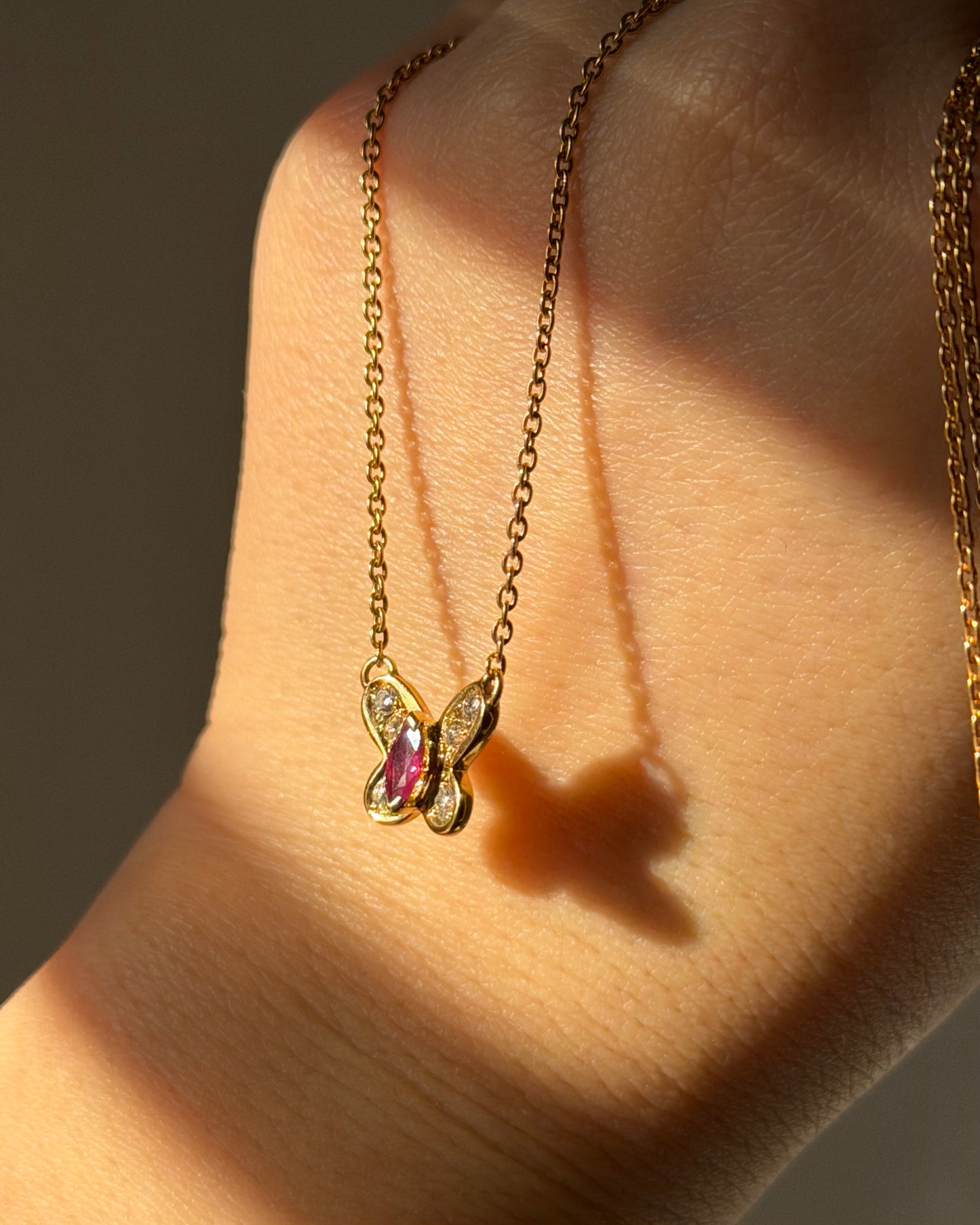 Vintage 18k Gold Marquise Cut Ruby and Diamond Butterfly Motif Necklace
