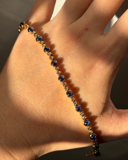 Vintage 18k Gold Bezel Set Sapphire Cabochon and Diamond Bracelet