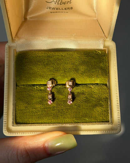 Vintage 18k Gold Pink Sapphire and Diamond Dangle Earrings