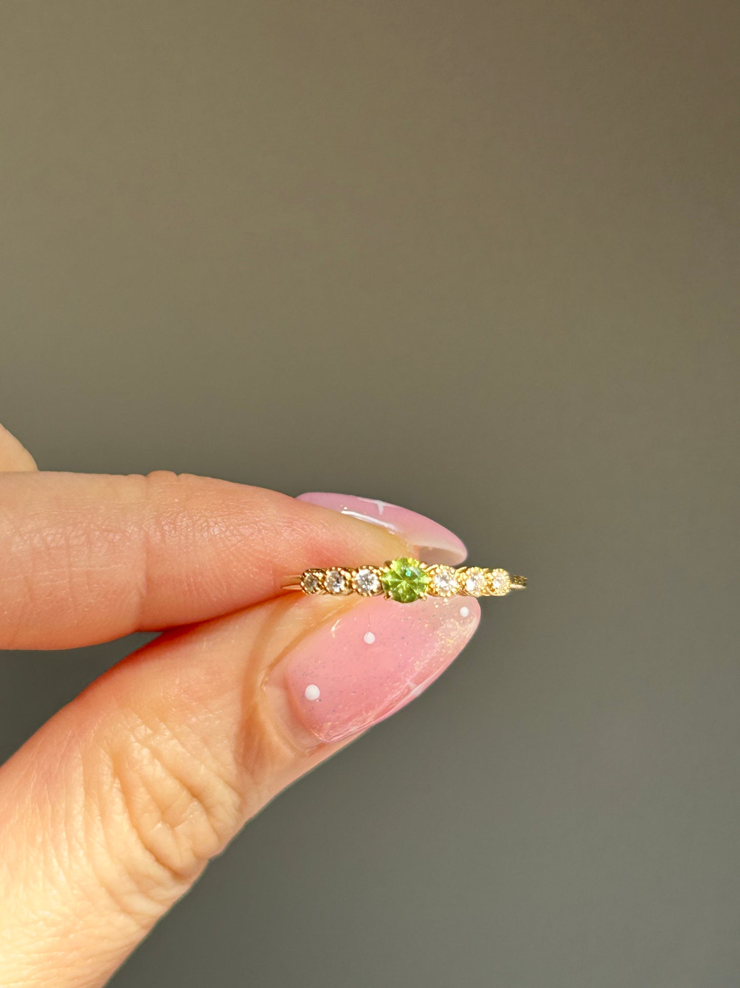 Modern Pre-loved 18k Demantoid Green Garnet and Diamond Ring - Dainty Stacking Band