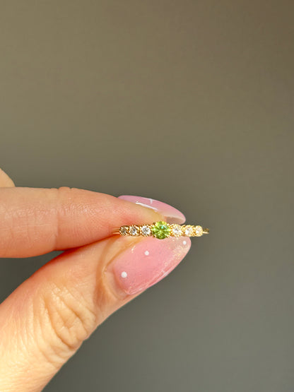 Modern Pre-loved 18k Demantoid Green Garnet and Diamond Ring - Dainty Stacking Band
