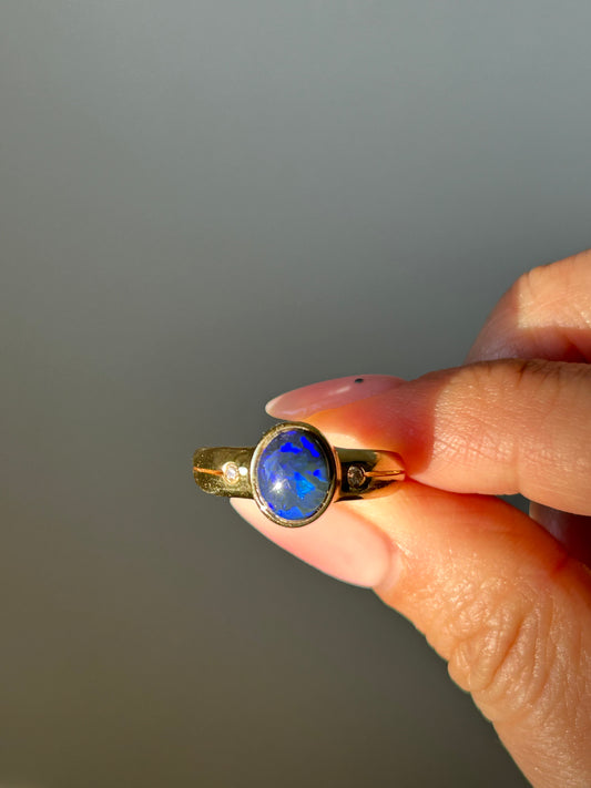 Stunning Black/Blue Opal Bezel Set Ring: Size 6.5 US