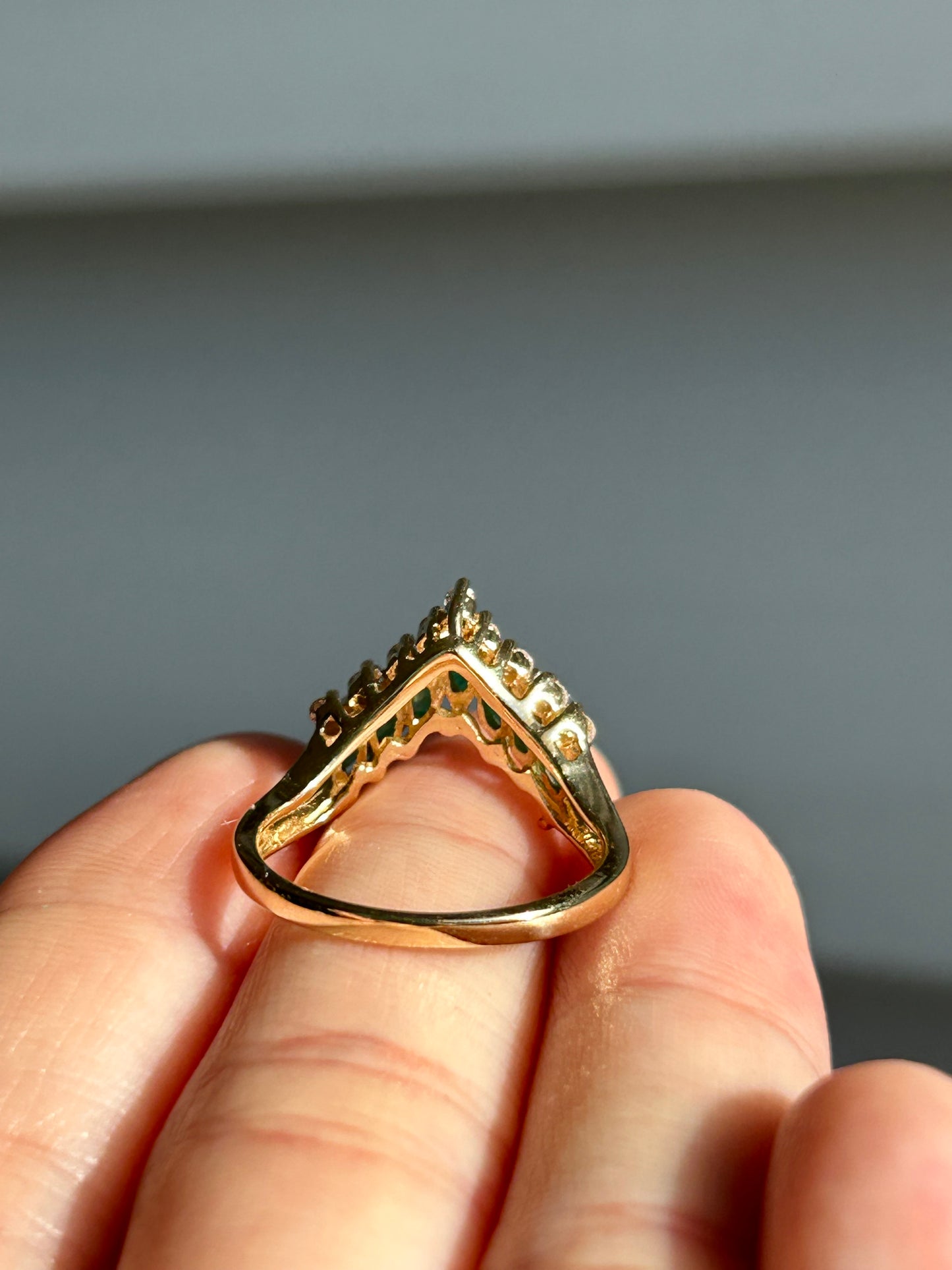Vintage 18k Emerald Marquise and Diamond Chevron Ring: US Size 6
