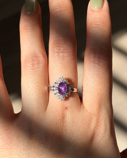 Vintage Platinum Star Sapphire Cabochon Diamond Ballerina Halo Ring