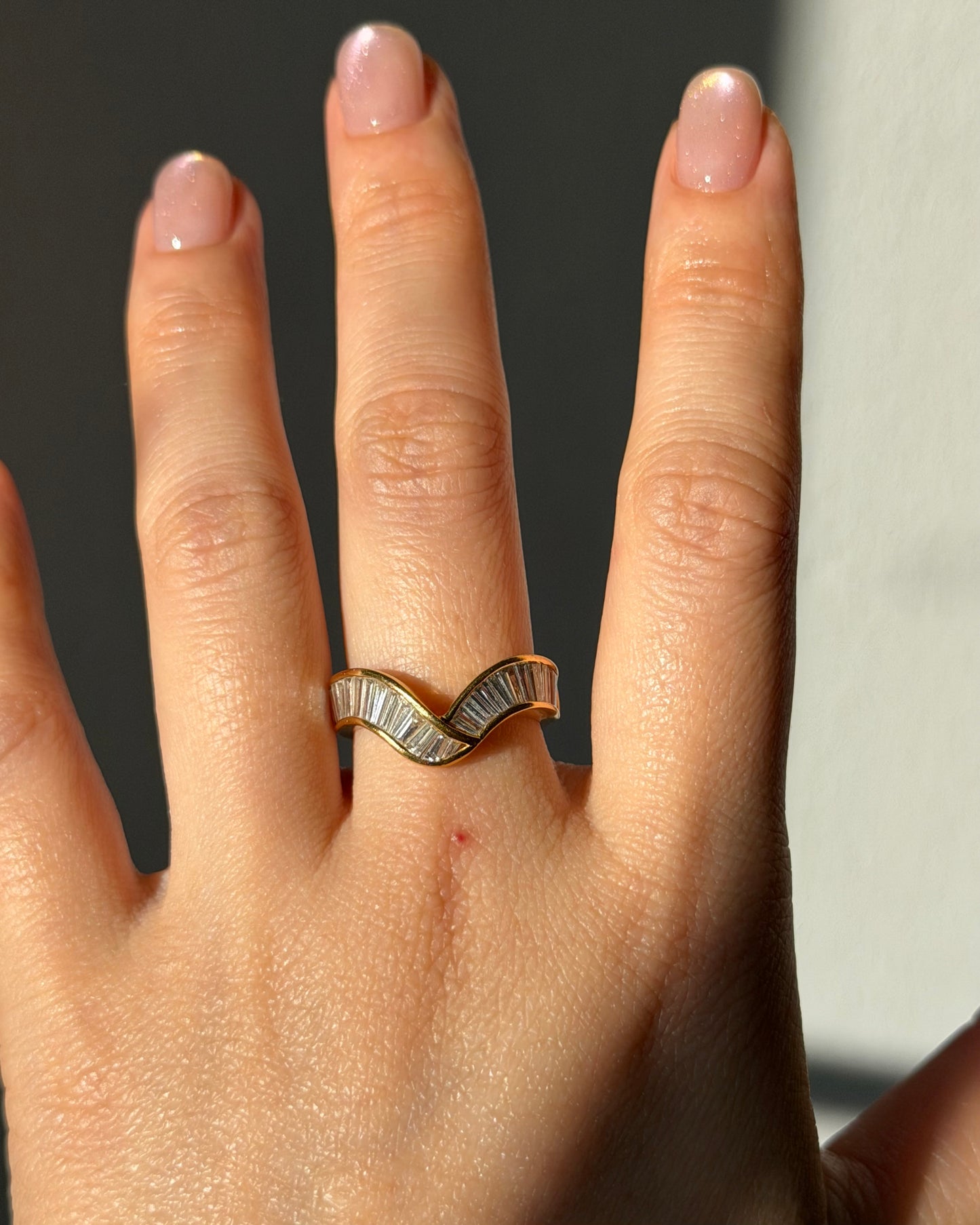 Vintage 18k Gold Channel Set Baguette Diamond Chevron Curved Ring