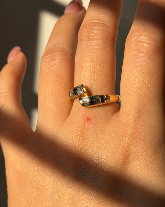 Vintage 18k Gold East-West Baguette Diamond and Sapphire Bypass Ring