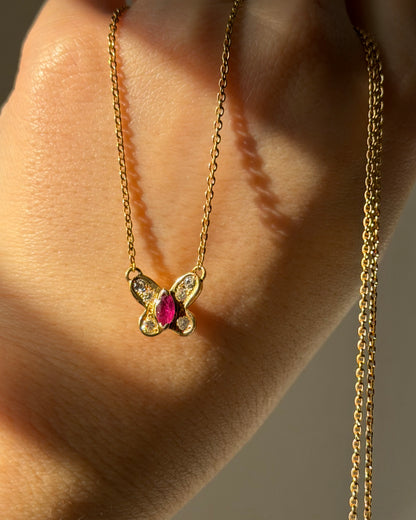 Vintage 18k Gold Marquise Cut Ruby and Diamond Butterfly Motif Necklace