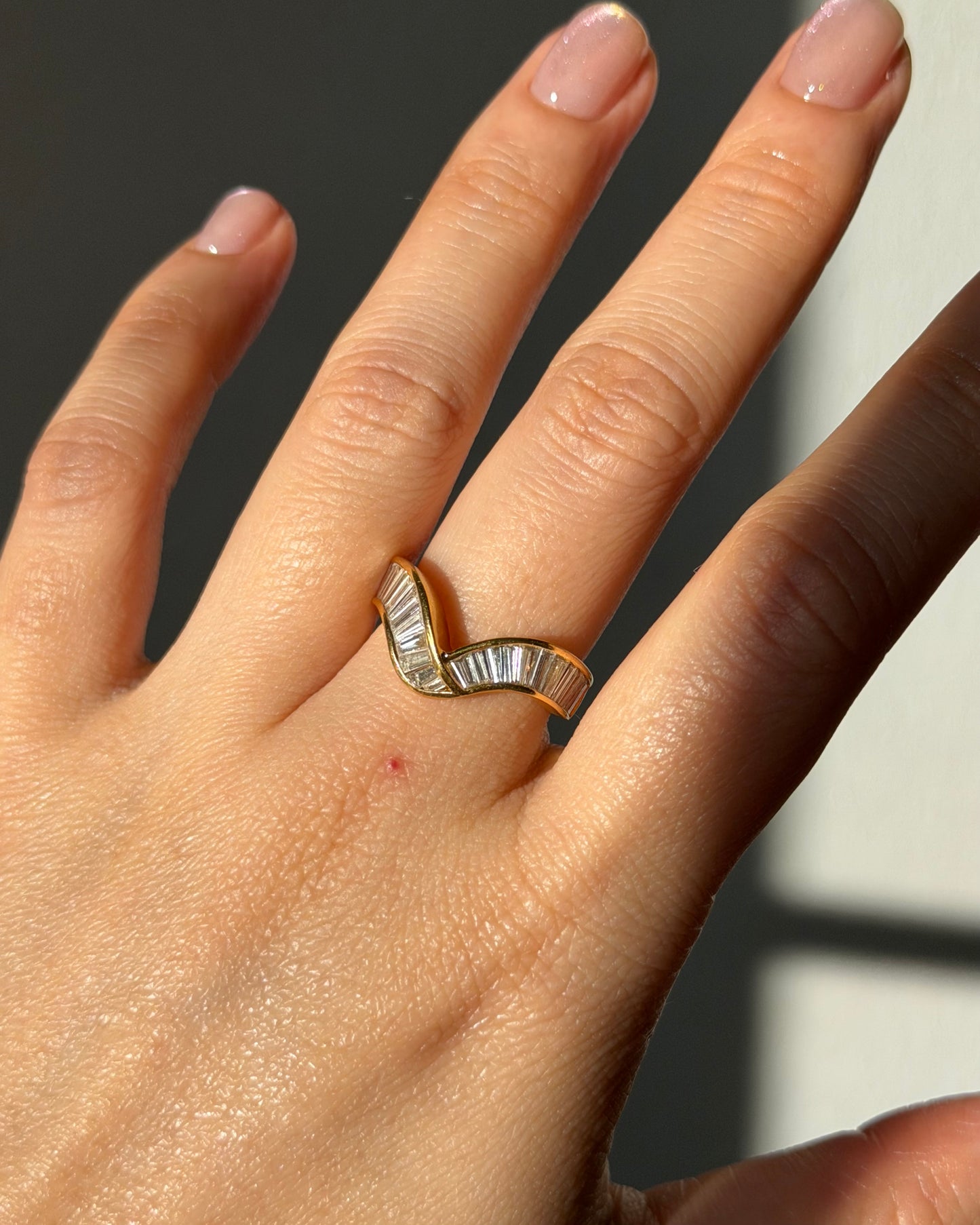 Vintage 18k Gold Channel Set Baguette Diamond Chevron Curved Ring