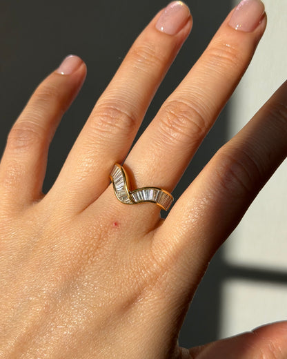 Vintage 18k Gold Channel Set Baguette Diamond Chevron Curved Ring