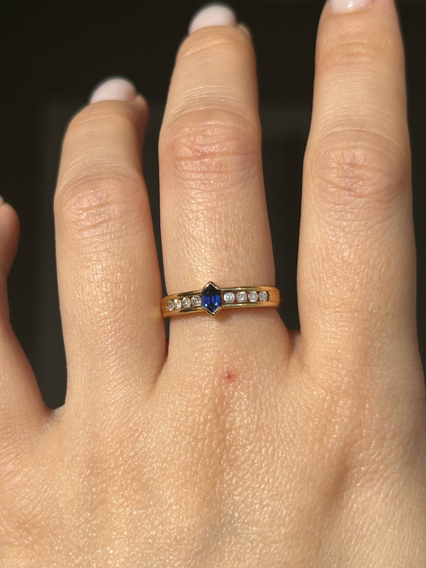 Vintage 18k Shield Step Cut Blue Sapphire Ring with Channel Set Diamonds