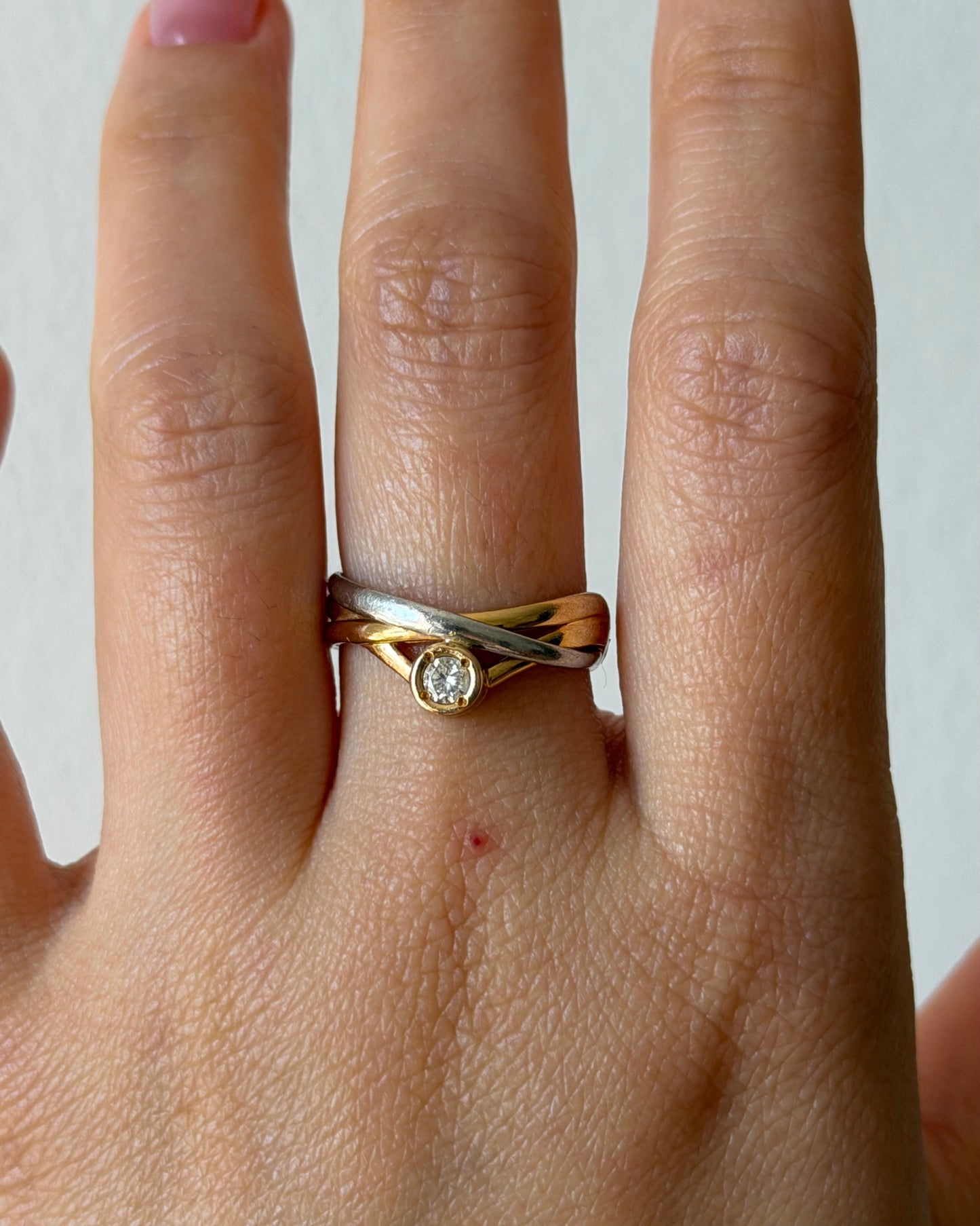 Vintage 18k Gold and Platinum Bezel Set Diamond Crossover Ring