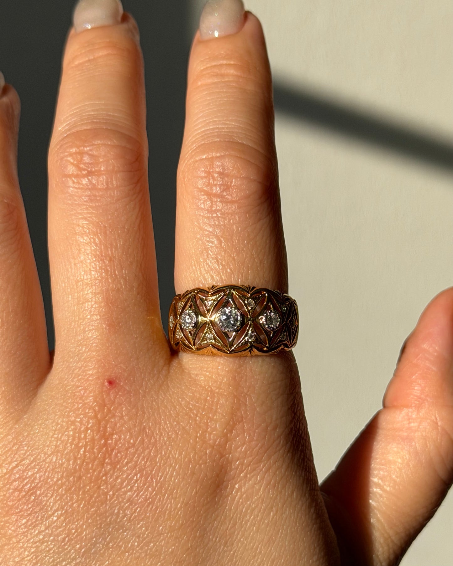 Vintage 18k Gold Open-Work Milgrain Detail Bezel Set Diamond Dome Bombe Ring