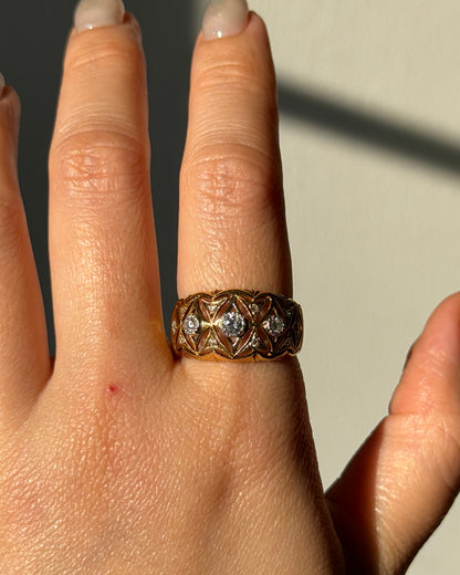 Vintage 18k Gold Open-Work Milgrain Detail Bezel Set Diamond Dome Bombe Ring