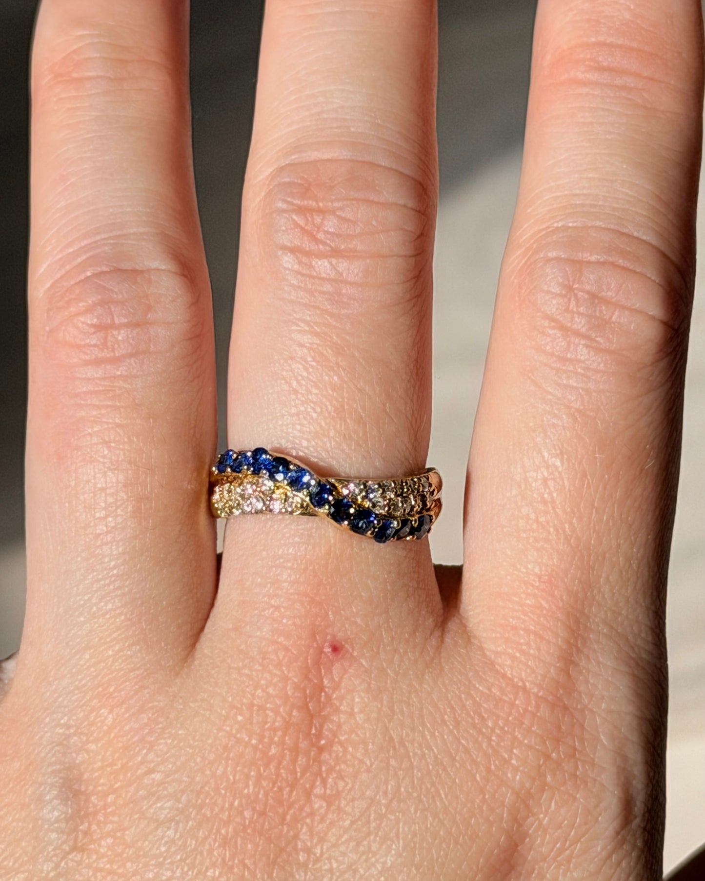 Vintage 18k Gold Pave Sapphire and Diamond Crossover Dome Ring
