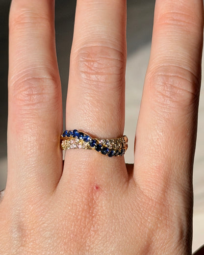 Vintage 18k Gold Pave Sapphire and Diamond Crossover Dome Ring
