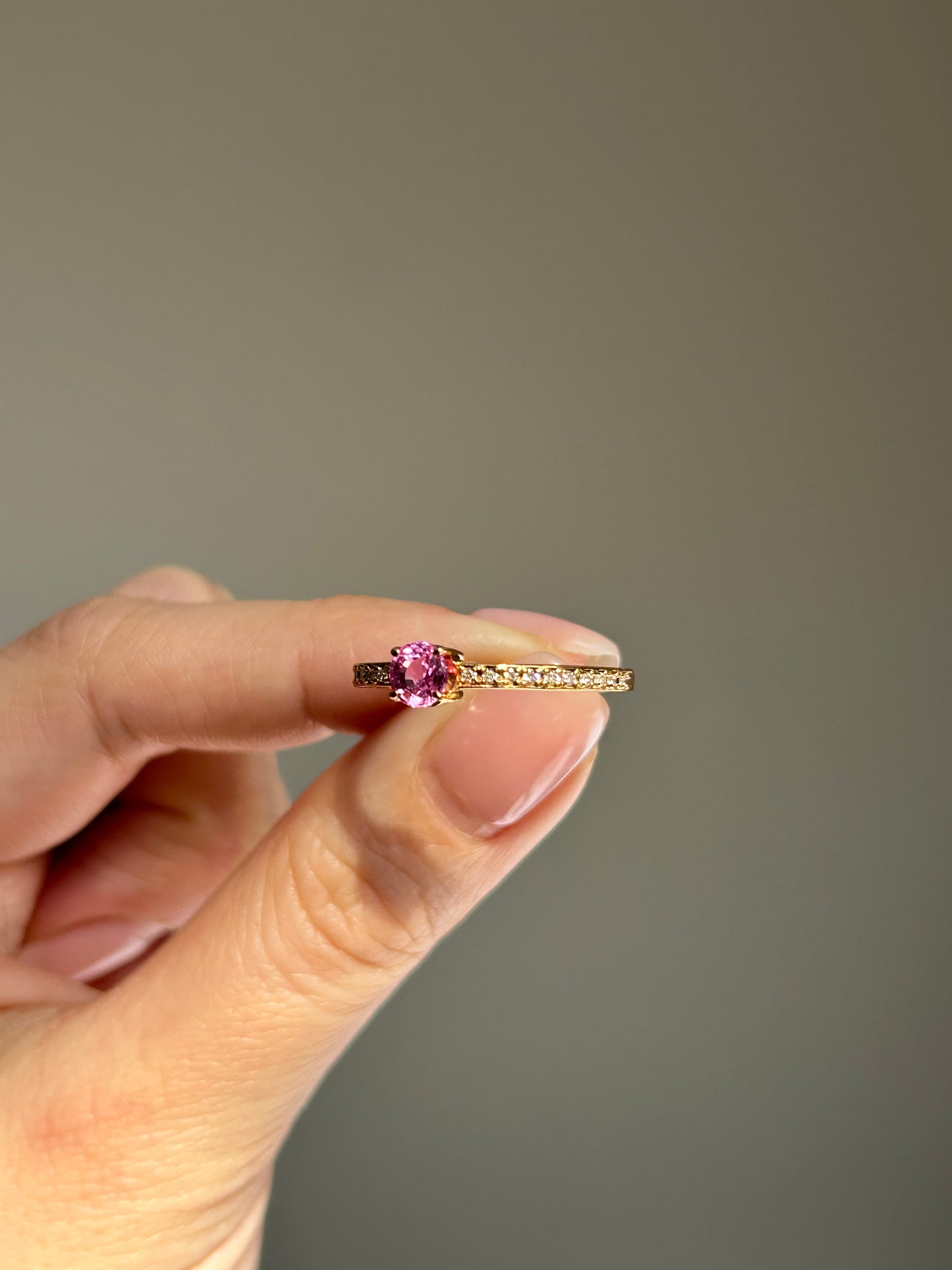Modern Estate 18k Gold Pink Sapphire with Diamond Accent Ring