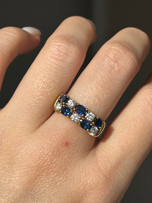 Vintage 18k Gold Sapphire and Diamond Double Row Ring