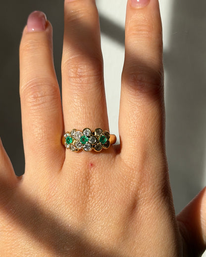 Vintage 18k Gold Emerald and Diamond Three Flower Band