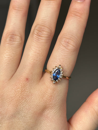 Vintage 18k Sapphire Marquise Diamond Halo Ring