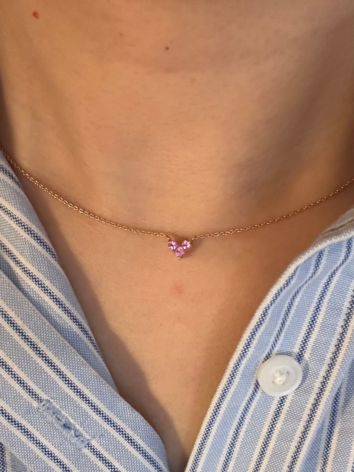 Modern 18k Gold Invisible Set Pink Sapphire Pixelated Heart Dainty Necklace