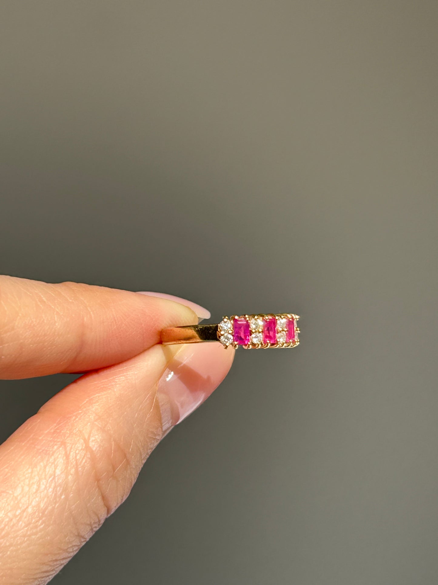 Vintage 18k Gold Baguette Ruby and Round Diamond Stacking Ring