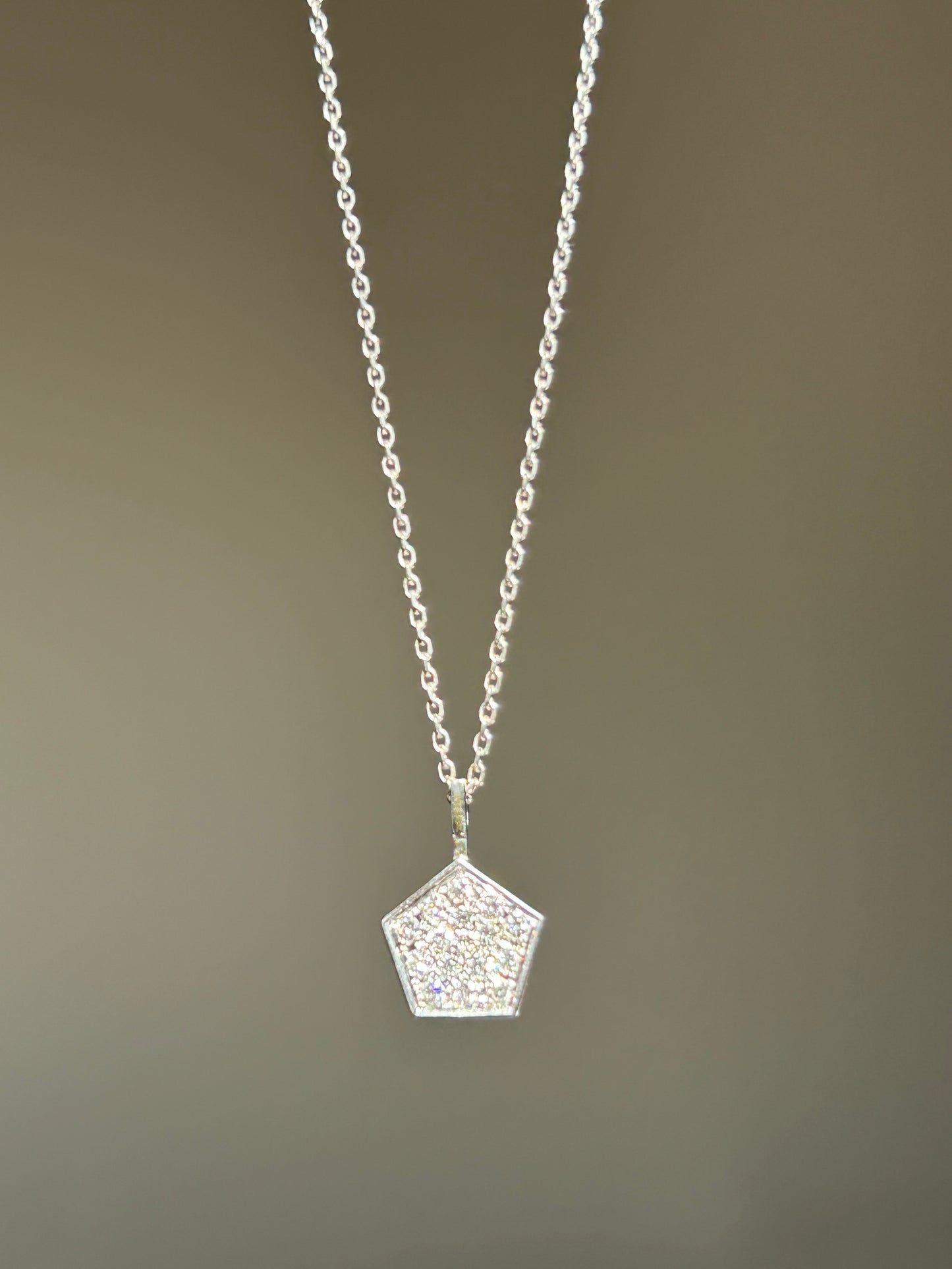 Modern 14k White Gold Geometric Pentagon Pave Diamond Necklace