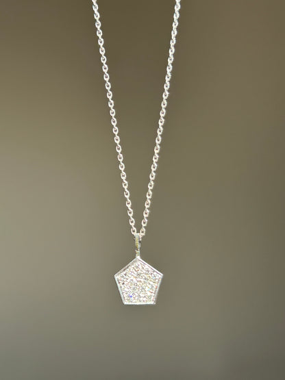 Modern 14k White Gold Geometric Pentagon Pave Diamond Necklace