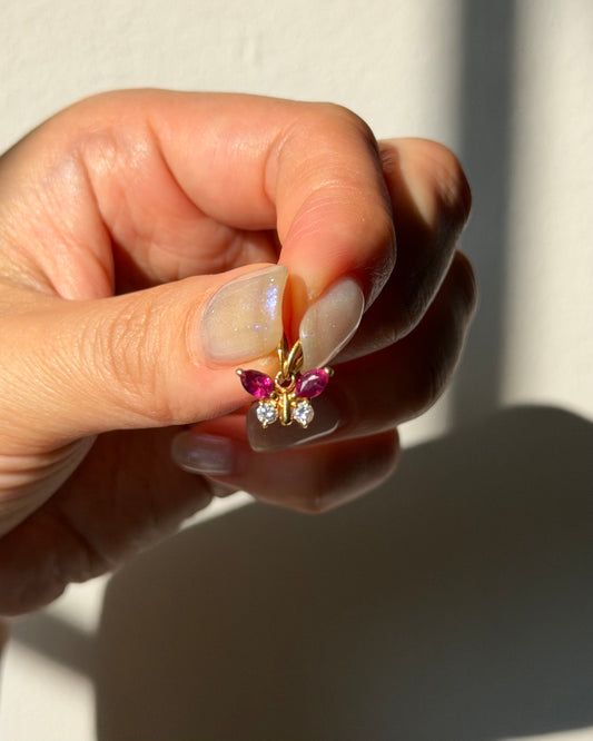 Dainty Vintage 18k Gold Ruby Marquise and Diamond Butterfly Motif Charm Pendant