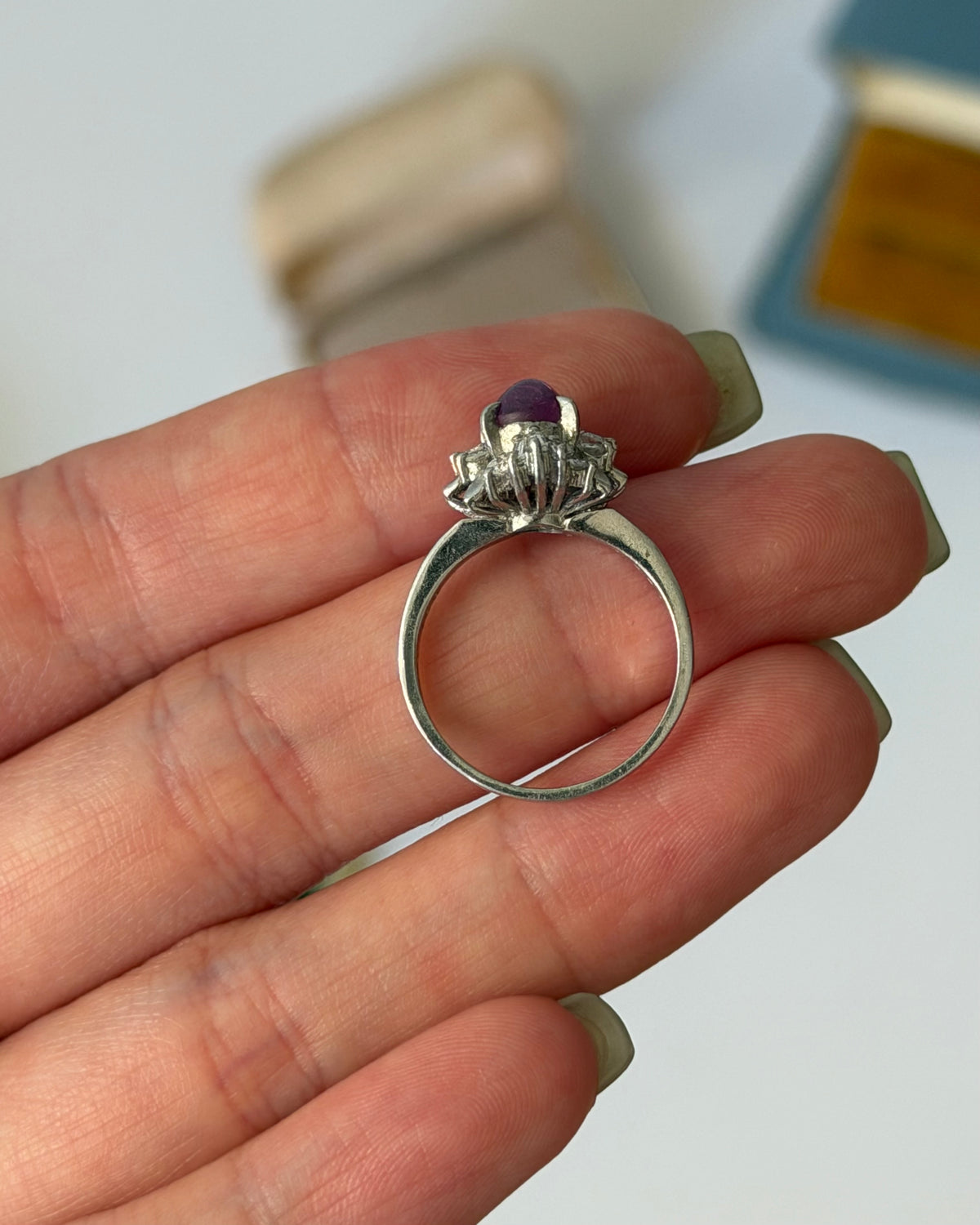 Vintage Platinum Star Sapphire Cabochon Diamond Ballerina Halo Ring