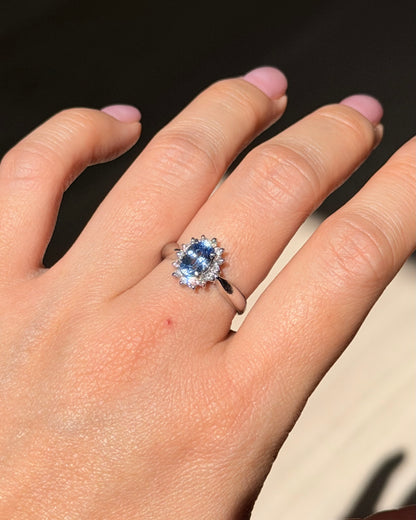 Vintage Platinum Icy Light Blue Oval Sapphire With Diamond Halo Ring