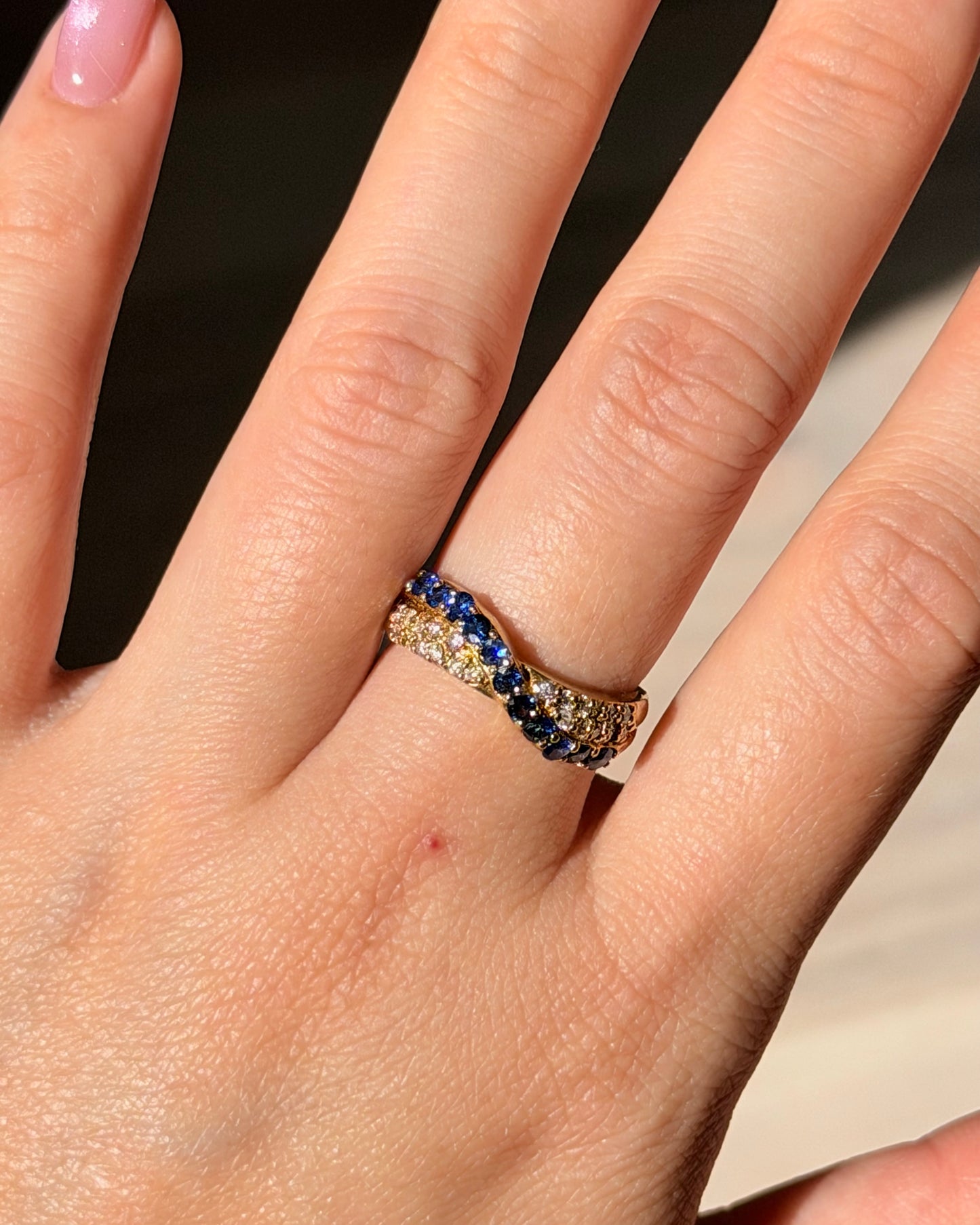 Vintage 18k Gold Pave Sapphire and Diamond Crossover Dome Ring