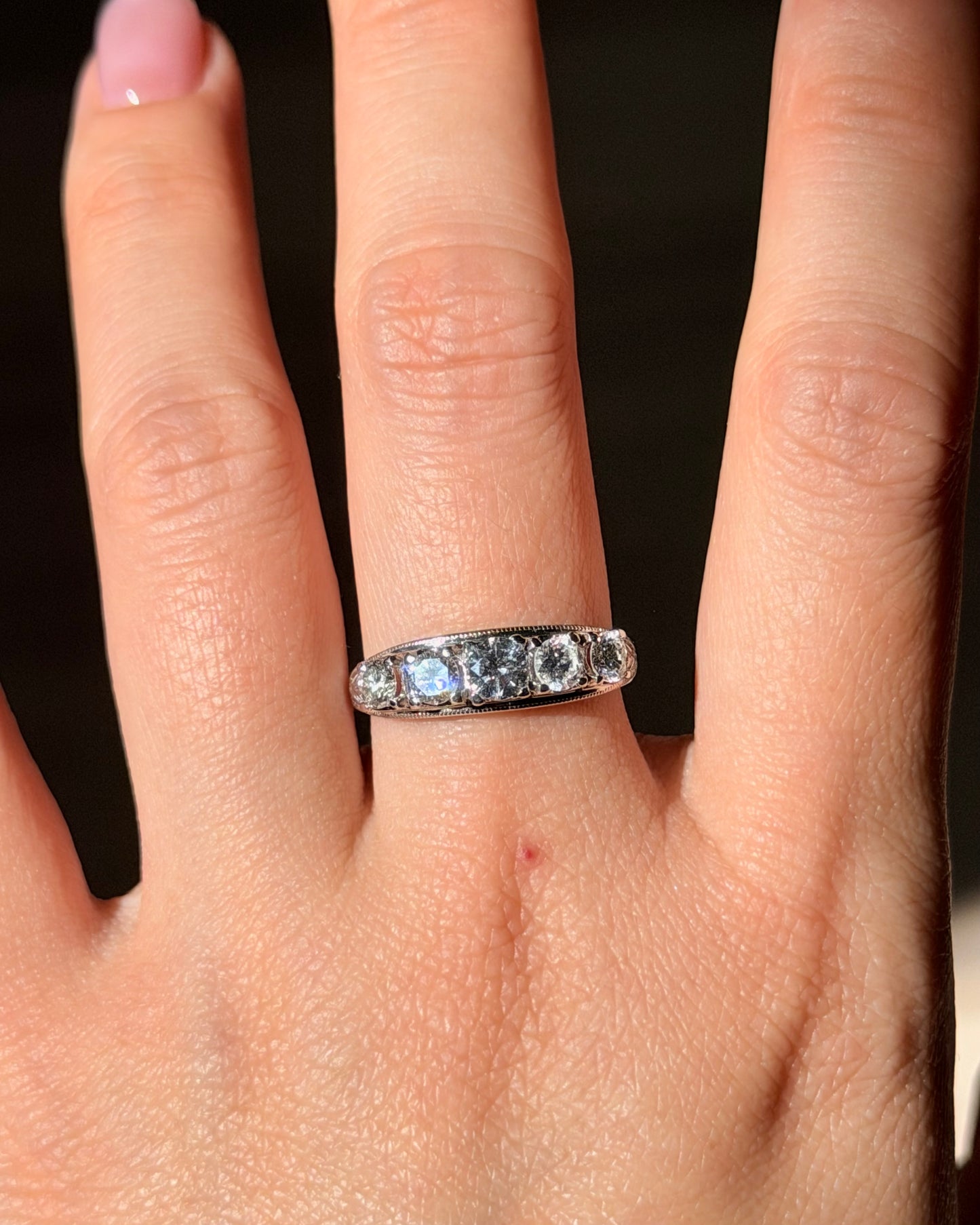Vintage Platinum 1 CTW Five-Stone Diamond Band - Engraved Shoulder Details