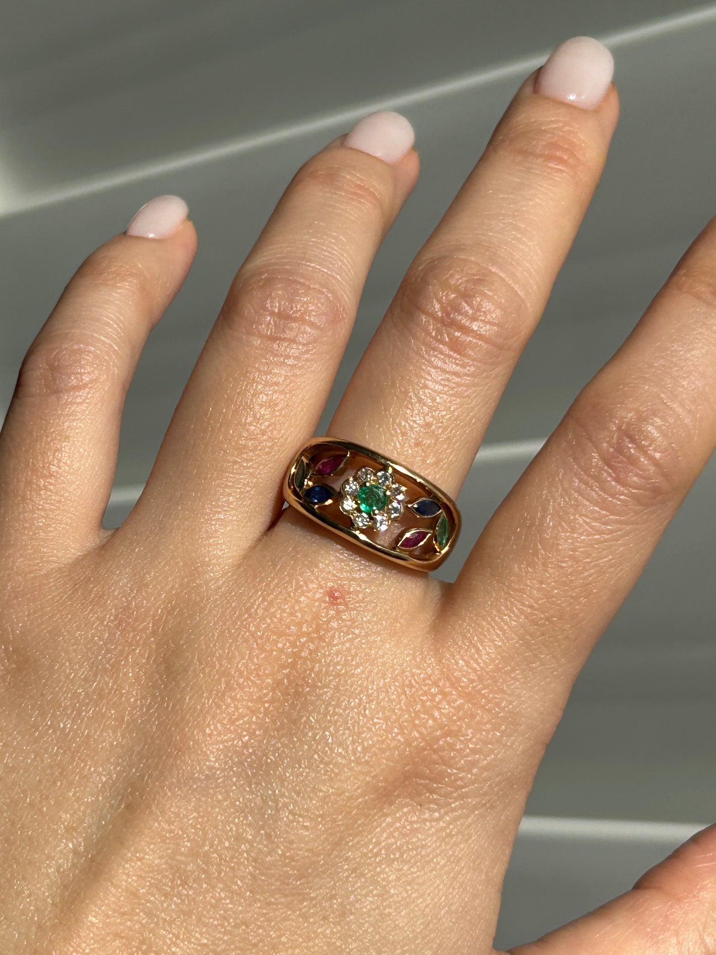 Vintage 18k Gold Givenchy Diamond and Gemstones Flower Ring