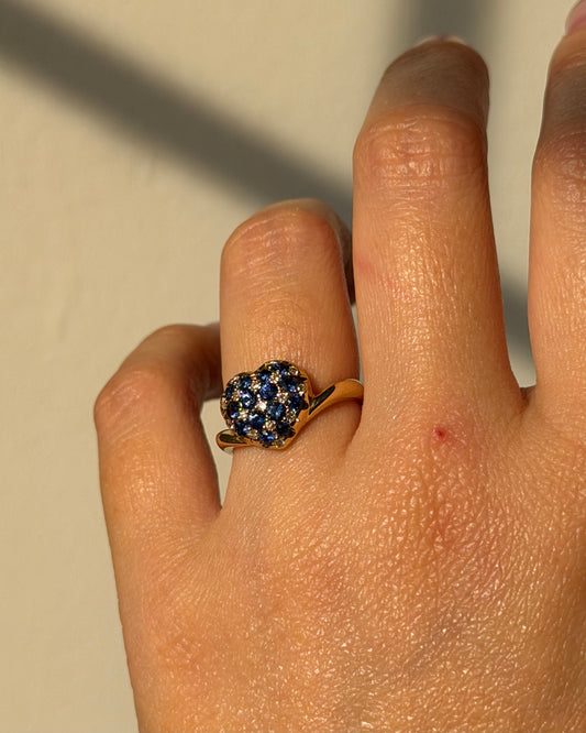 Vintage 18k Gold Blue Sapphire and Diamond Checkered Heart Ring
