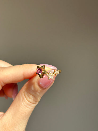 Vintage 18k Gold Pink Sapphire & Diamond Star Celestial Ring - Size 5.25