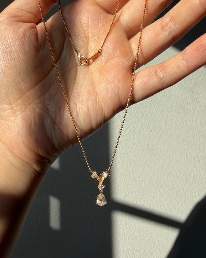 Vintage 18k Gold Baguette and Center Pear Diamond Bow Motif Ball Chain Necklace