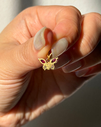 Dainty Vintage 18k Gold Ruby Marquise and Diamond Butterfly Motif Charm Pendant