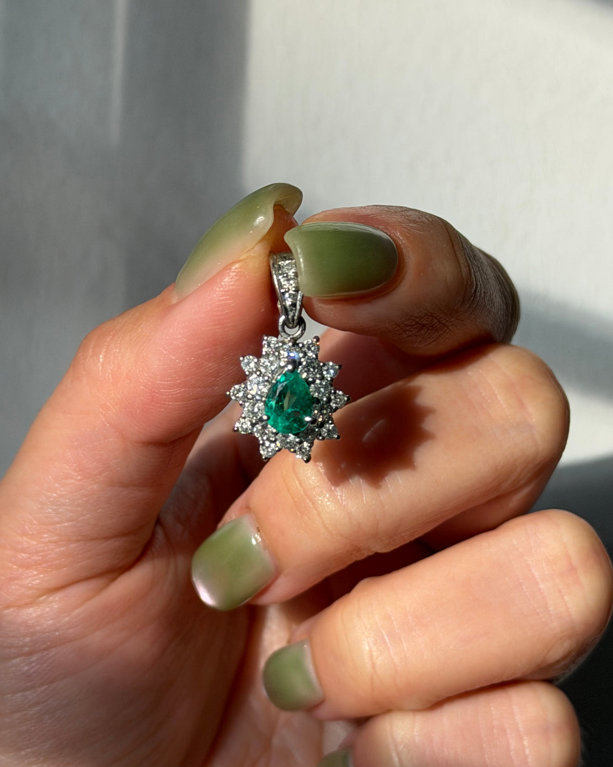 Vintage Platinum Pear Cut Emerald Double Diamond Halo Pendant